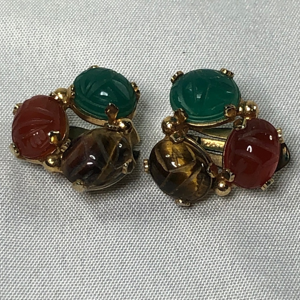 Burt Cassell Vintage 12KT Gold Filled Carved Scarab Clip On Earrings Multi Stone